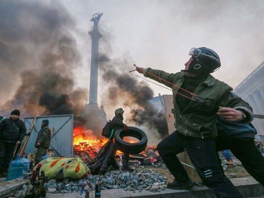 Protesters on the streets of Kiev during clashes with riot police on Feb. 19.