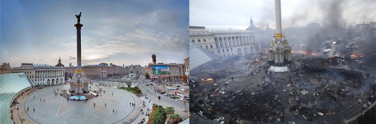Quảng trường Độc lập ở Kiev trong tháng 9-2009 là thiên đường nếu so với hình ảnh vào sáng 19-2-2014. Ảnh: Flickr - Reuters