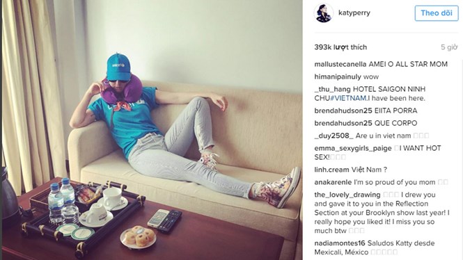 Khung cảnh trong ảnh của Katy Pery được cho là giống với phòng của khách sạn Sài Gòn-Ninh Chữ ///  Ảnh: Chụp màn hình Instagram NV