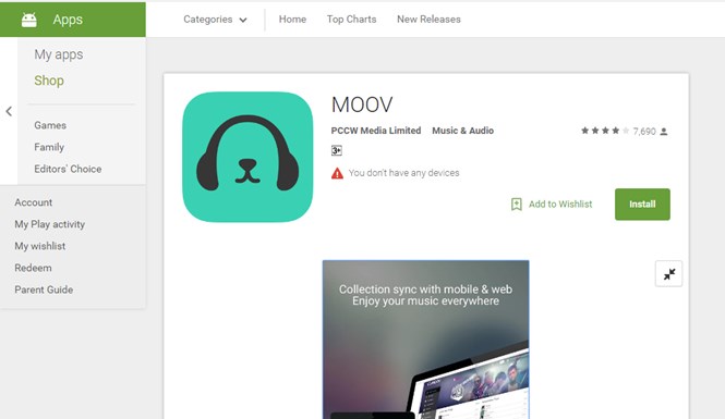 Giao diện ứng dụng nghe nhạc MOOV trên Android /// Ảnh chụp màn hình