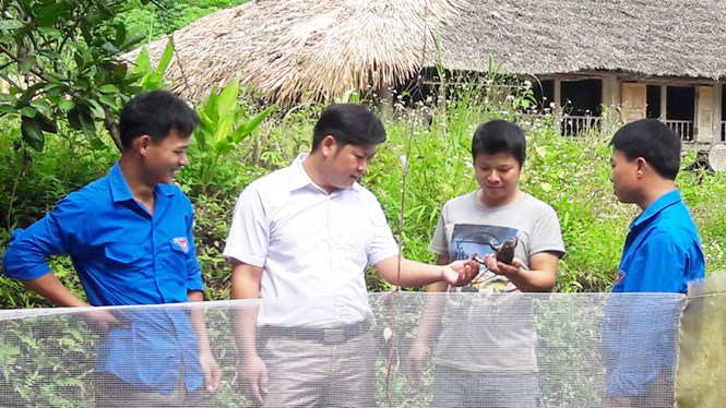 Anh Dương Văn Thu (thứ hai từ trái sang) tư vấn kỹ thuật nuôi ếch cho thanh niên /// Ảnh: Hoàng Đức