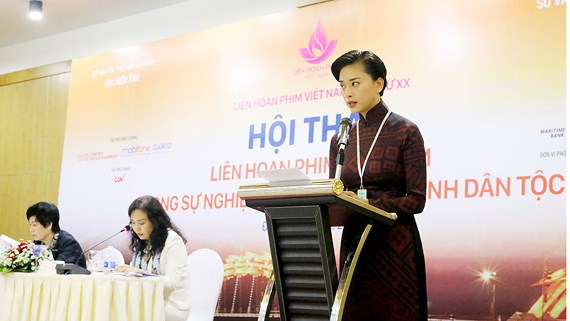Nhà sản xuất, diễn viên Ngô Thanh Vân phát biểu tại hội thảo