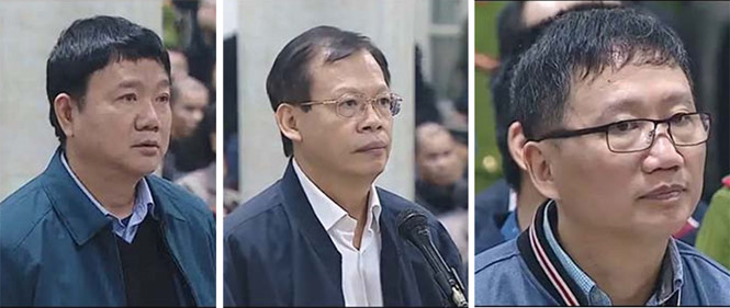Các bị cáo Đinh La Thăng, Phùng Đình Thực, Trịnh Xuân Thanh (từ trái qua) tại tòa /// Ảnh: Thái Sơn