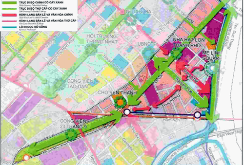 Ý tưởng quy hoạch các tuyến phố đi bộ liên hoàn (màu xanh lá) ở trung tâm TP HCM của Sở Quy hoạch - Kiến trúc. Ảnh: Hữu Nguyên