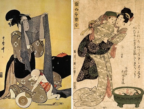 Những tác phẩm nghệ thuật cuối thế kỷ 17, đầu thế kỷ 18 cho thấy mẹ con Nhật Bản quấn quýt bên nhau. Ảnh: Kitagawa Utamaro
