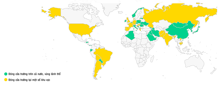 Bản đồ các quốc gia, vùng lãnh thổ đóng cửa trường học. Nguồn: UNESCO