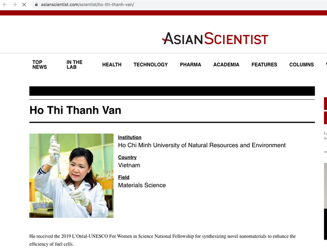 PGS-TS Hồ Thanh Vân trên trang AsianScientist  /// Bảo Hân