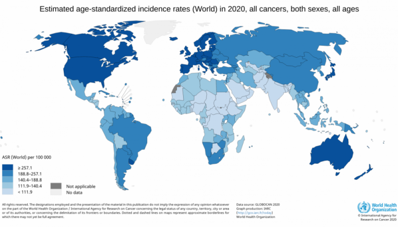 Biểu đồ tỷ lệ ung thư (trên mỗi 100.000 dân) của các quốc gia trên thế giới