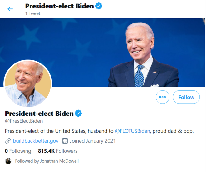 Trang tài khoản chuyển tiếp của Tổng thống tân cử Joe Biden /// Ảnh chụp màn hình