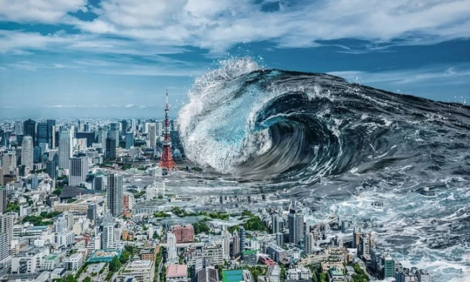 Mô phỏng sóng thần ập vào thành phố. 